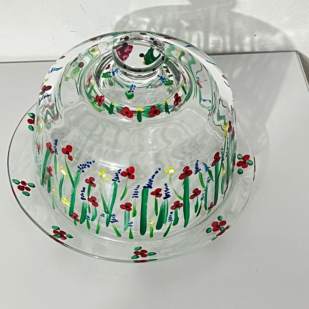 Vintage France  Cheese Cloche Set  Clear Hand Painted Floral Wildflower